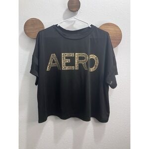 Aeropostale XXL Short Sleeve Shirt Spellout AERO Gold Leopard Print Mesh Accents